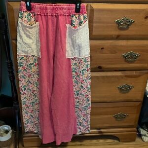 Pink Floral Patchwork Wide-Leg Pants